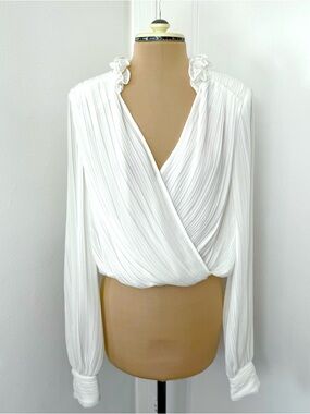 NWT BCBG New York White Plisse Pleat Ruffle-Collar Blouse sz S